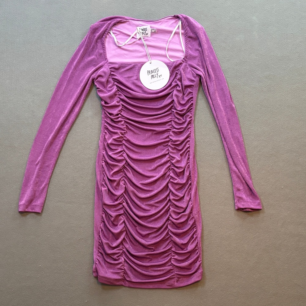 Princess Polly Everleigh Mini Dress Purple US 6 Long‎ Sleeve Ruched Party NWT